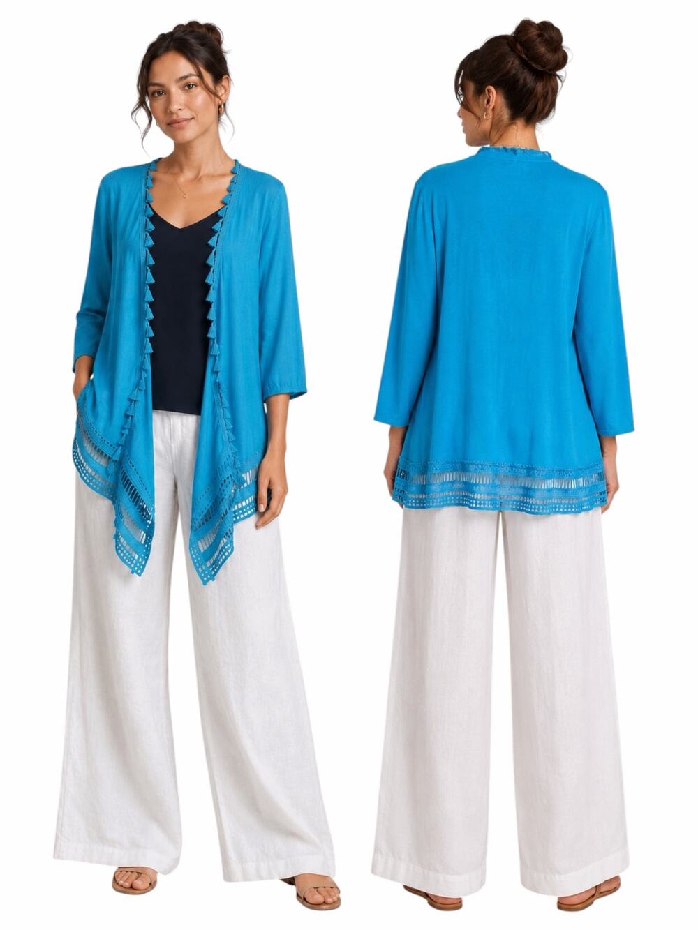 Chico's Linen Blend Tassel Trim Open Front Cardigan Lace Hem Size XLP